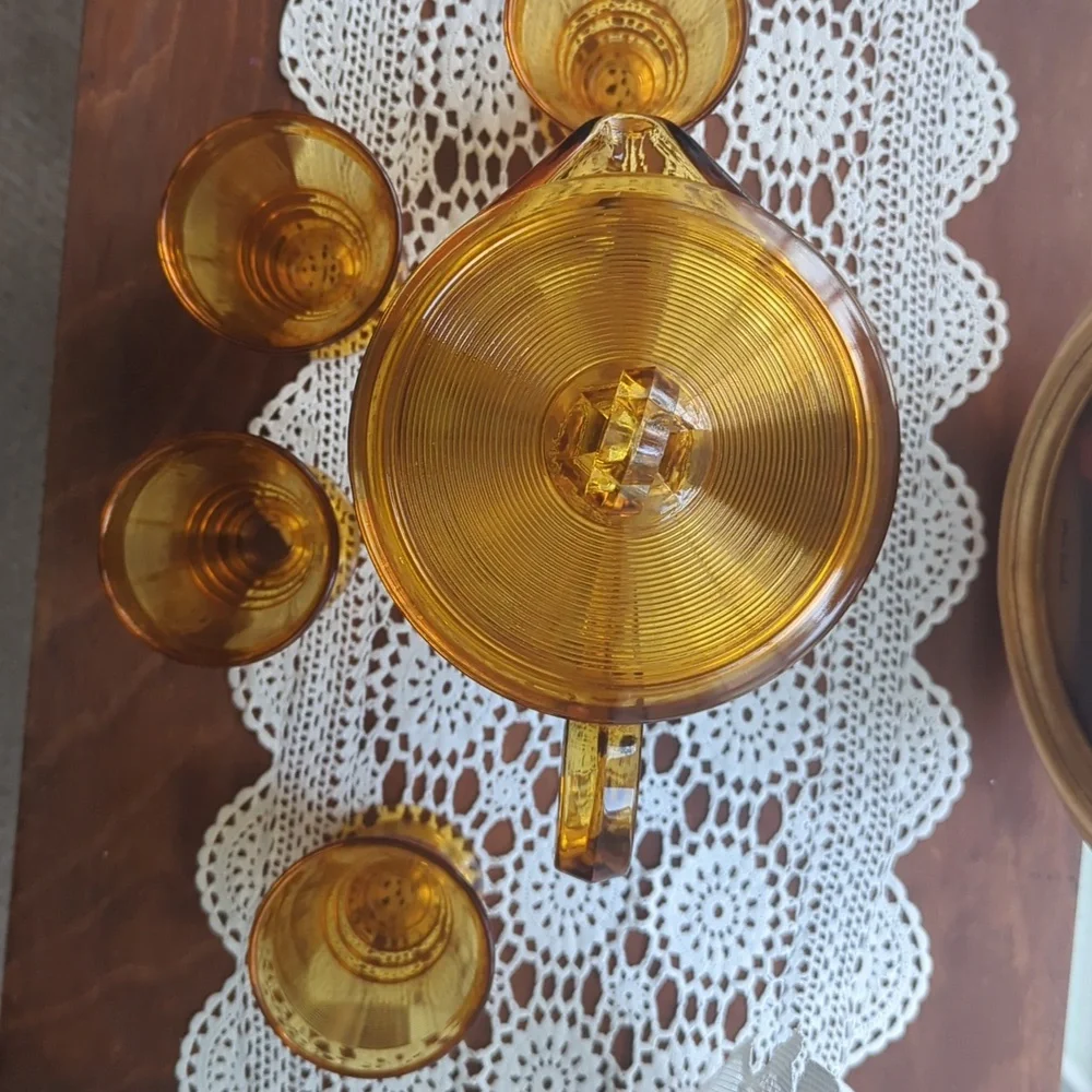 Indiana Depression Glass Old English Threading Amber Pitcher with 4 Glasses